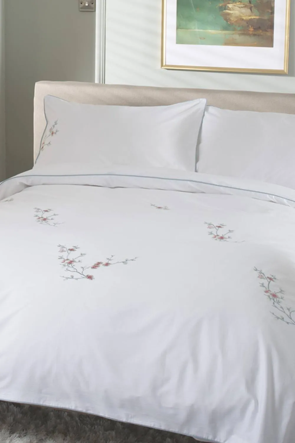 The Lyndon Company Cherry Blossom Teal Cotton Duvet Set with Embroidered in White 5