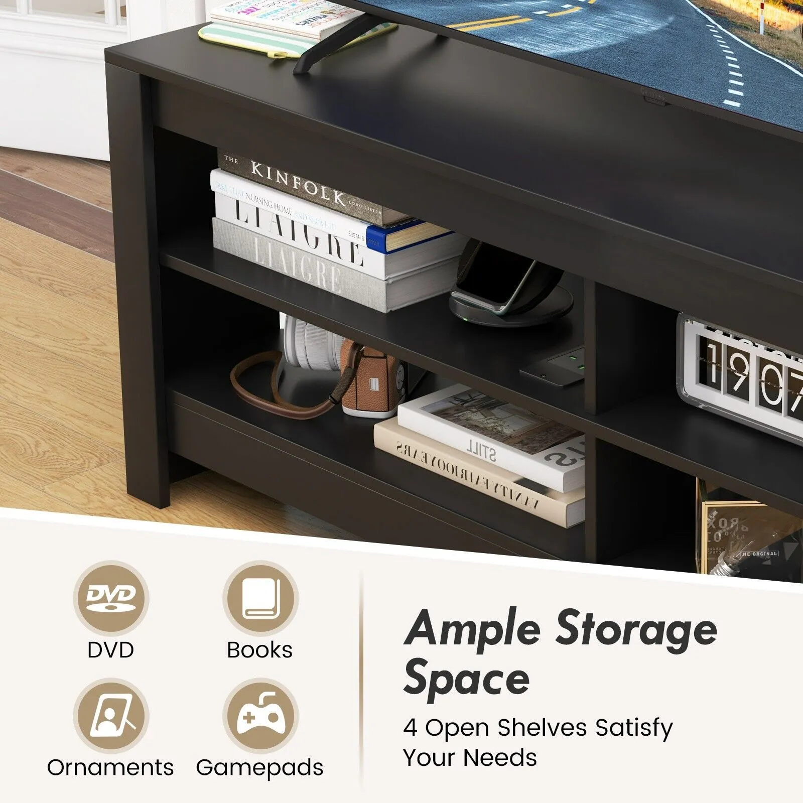 Costway Corner TV Stand with Power Outlet 3-Tier Entertainment Center for 60" TV in Black 6