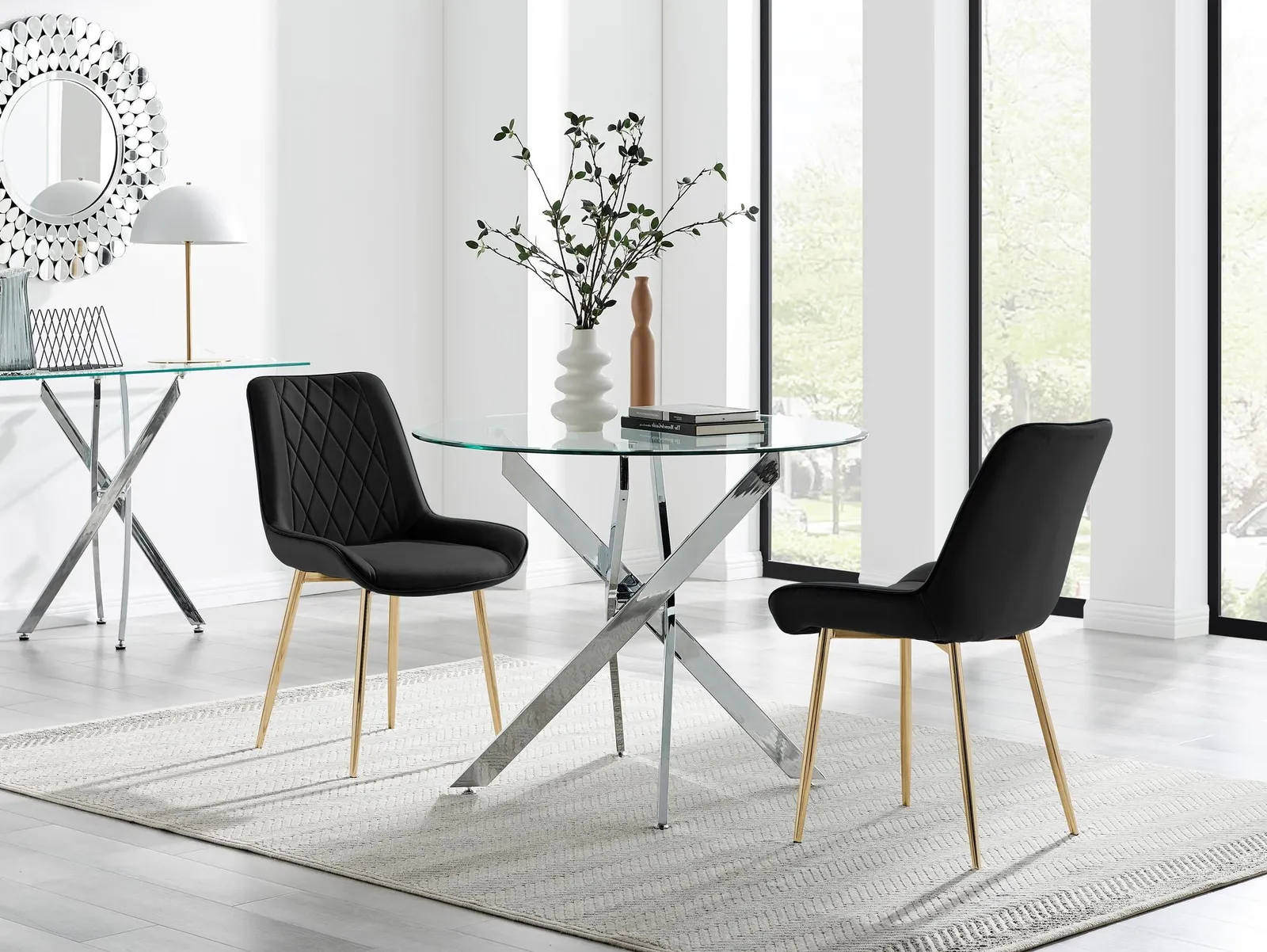 FurnitureboxUK Novara 100cm Round Dining Table & 2 Pesaro Gold Leg Chairs in Black 1