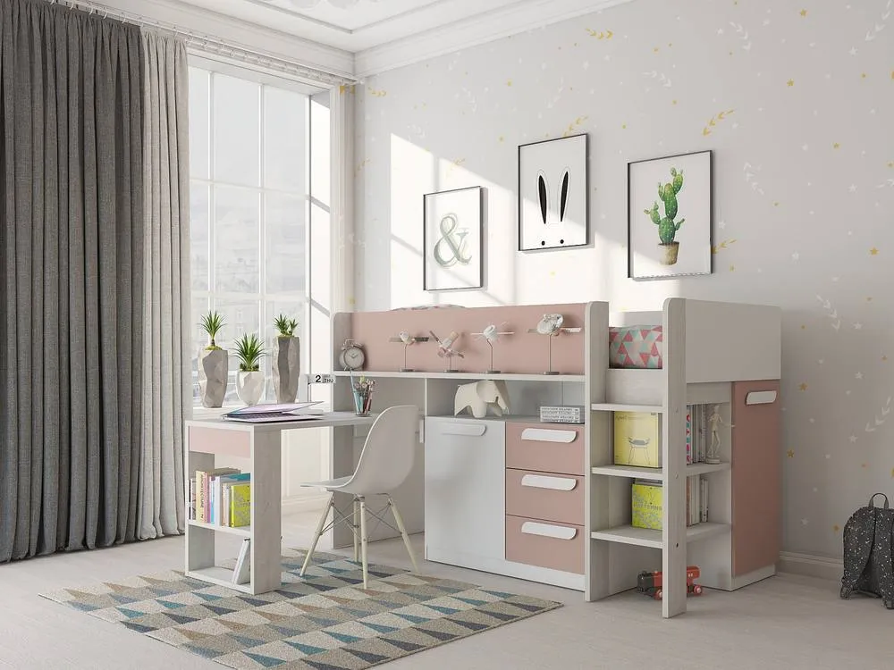 Vente-unique Cabin Bed With Desk & Storage - 90 X 200 Cm - Pink, Natural and in Pink