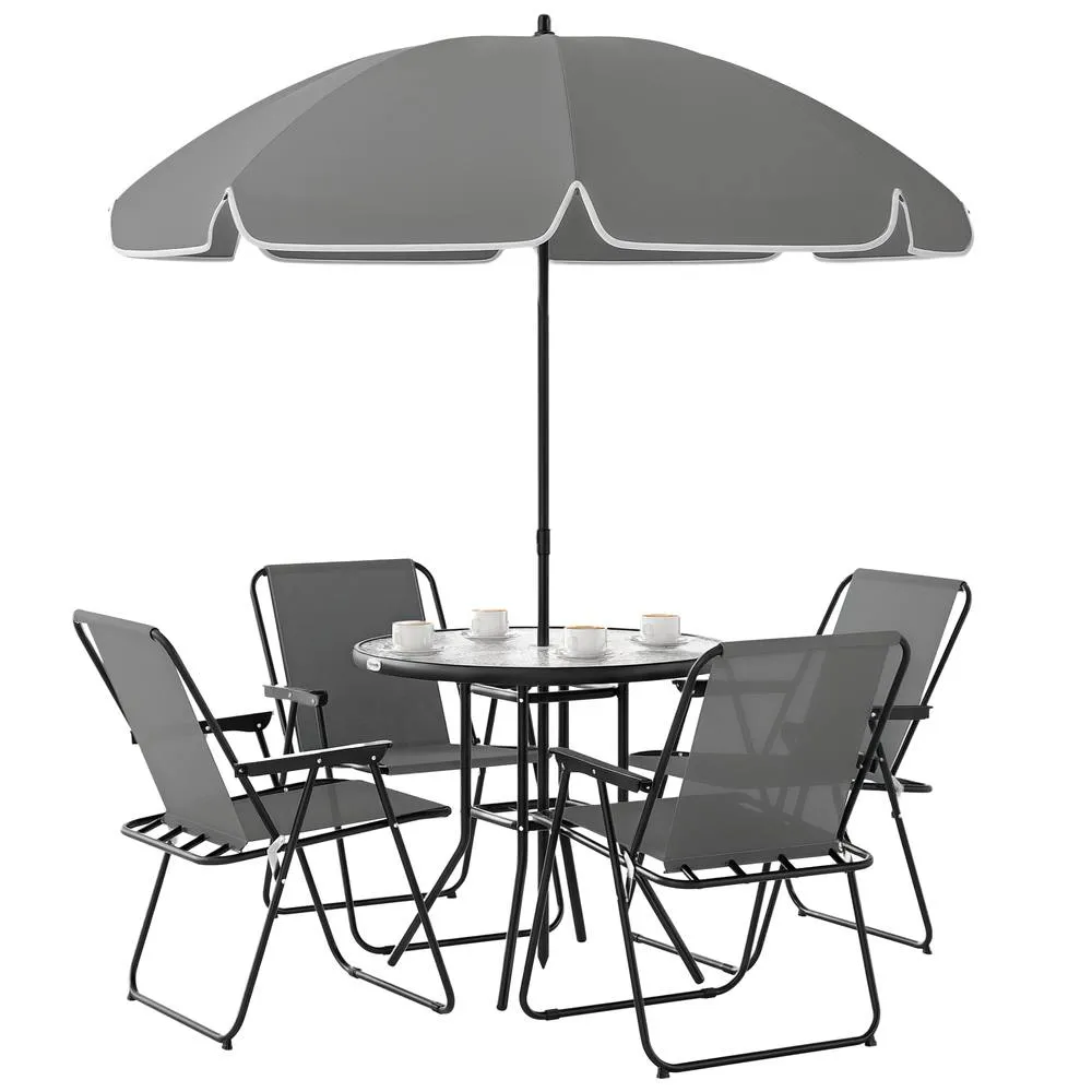 OUTSUNNY 6 Pieces Garden Furniture Set with Parasol, Folding Chairs, Grey 2