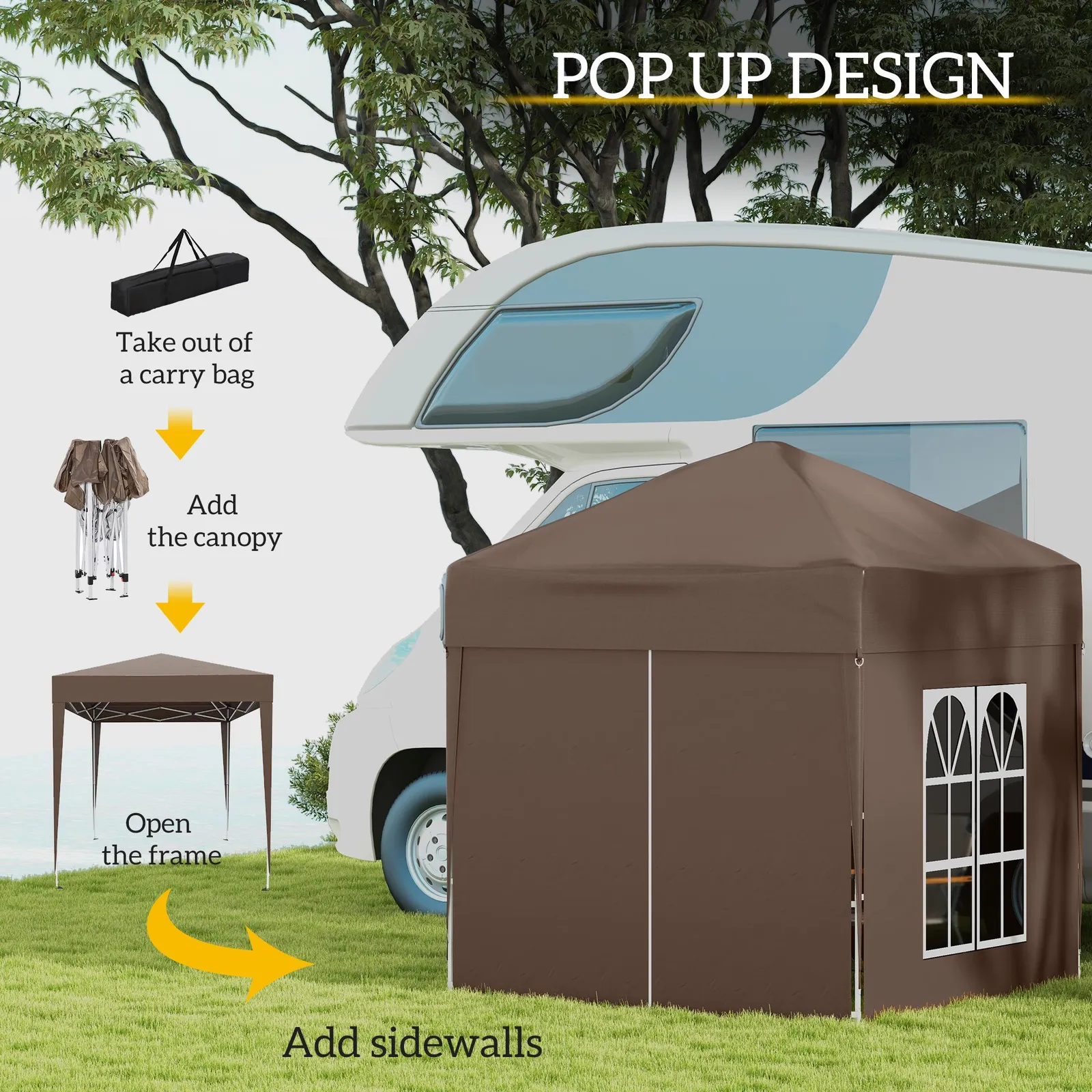 OUTSUNNY 2mx2m Pop Up Gazebo Party Tent Canopy Marquee with Storage Bag in Brown 4