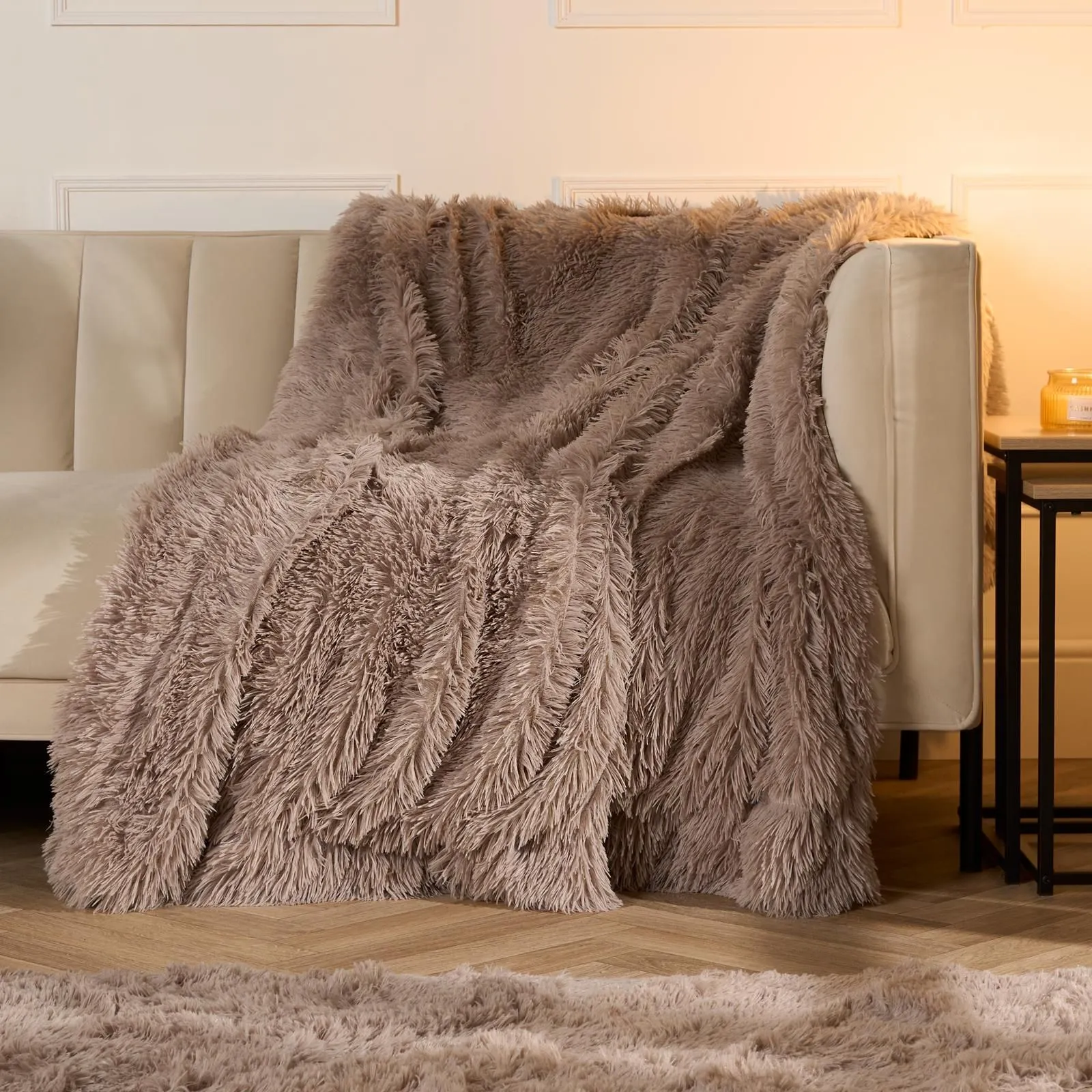 OHS Ultra Soft Fluffy Fleece Throw Luxurious Bed Blanket in Natural