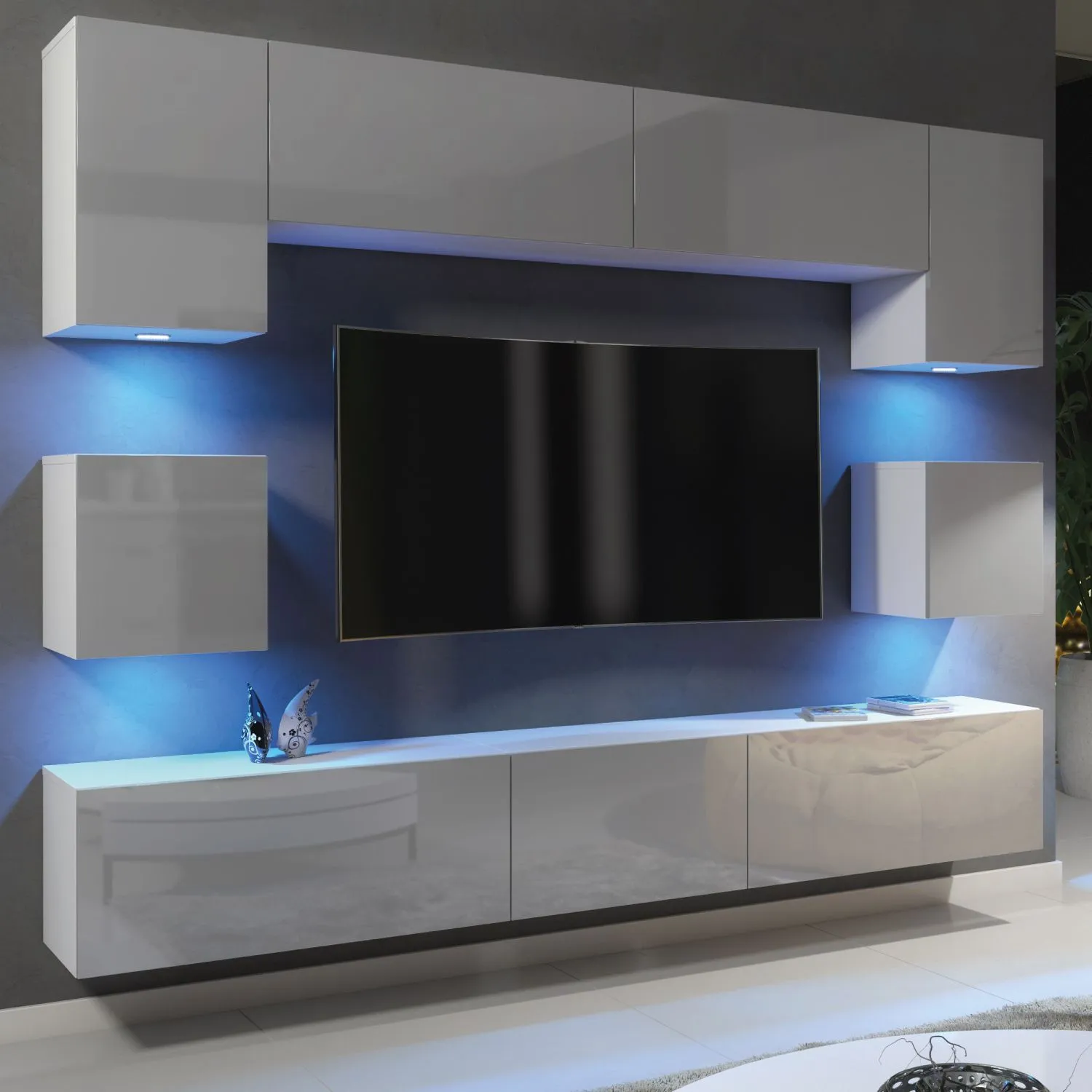 Creative Furniture Panorama Wall TV Unit - A Sleek & Modern Wall Cabinet with Gloss Doors & LED Lights in Grey 2