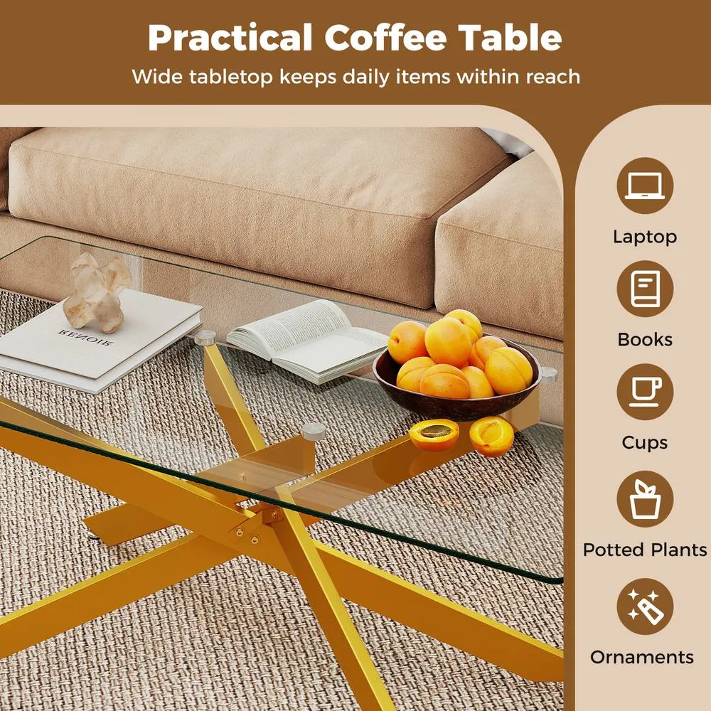 Costway Modern Glass Coffee Table Rectangle Center Cocktail Table Side Table in Gold 6