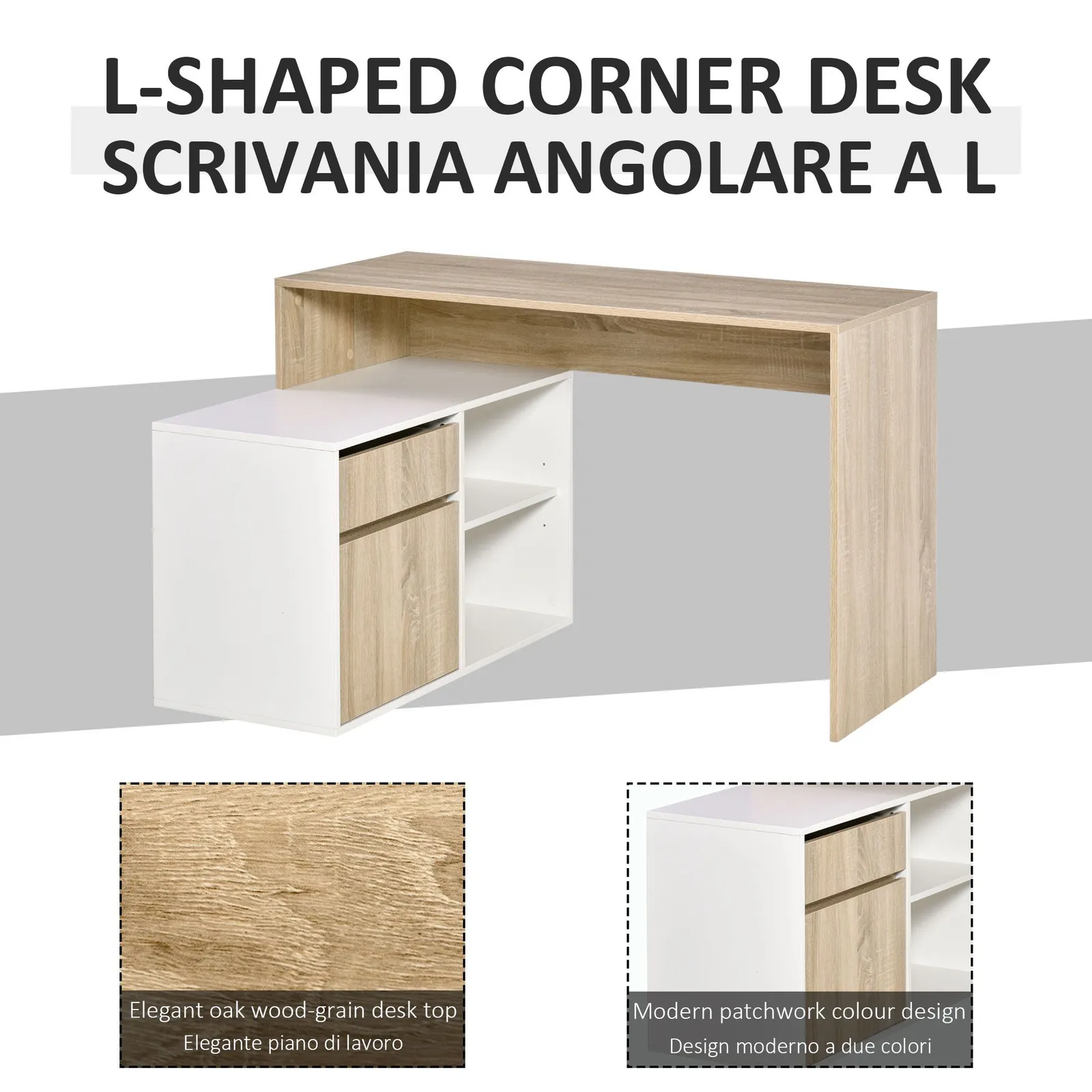HOMCOM L-Shaped Corner Computer Desk Study Table PC Work with Storage Shelf in White 4