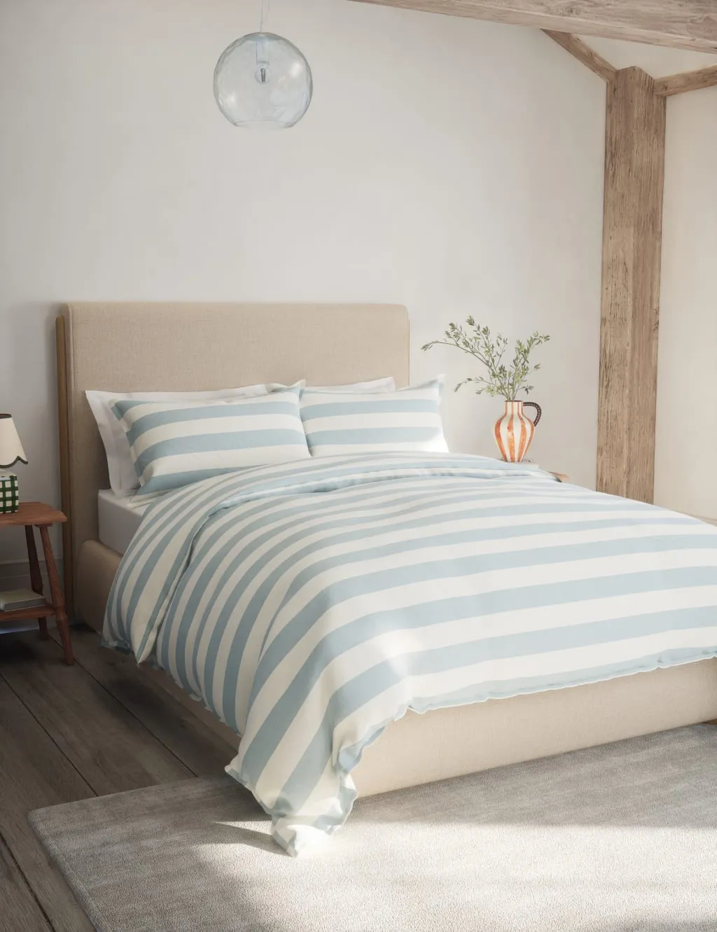 M&S Linen Blend Striped Bedding Set Blue Mix