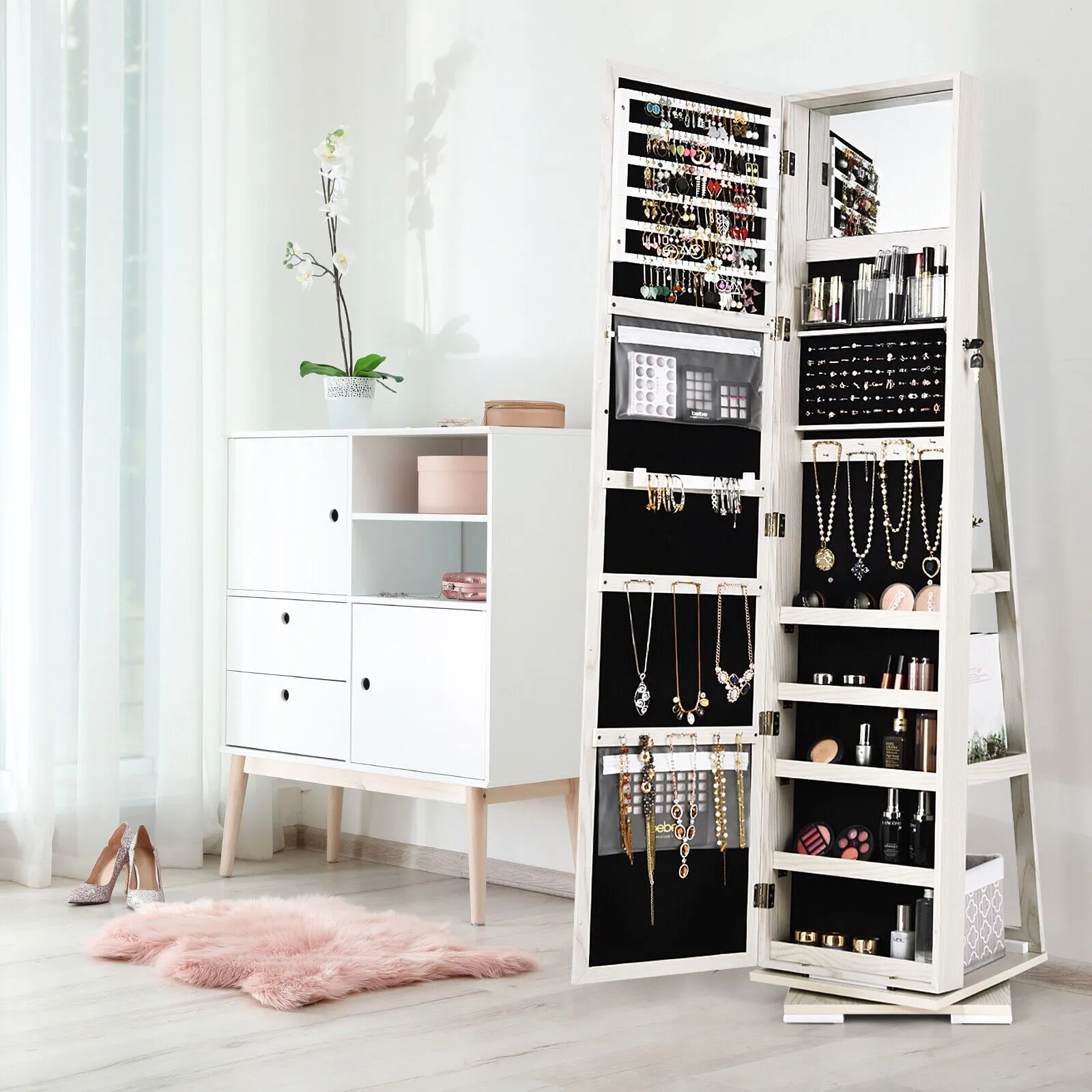 Costway 3-in-1 Rotating Mirrored Jewelry Armoire Freestanding Lockable Large Capacity Jewelry Organizer w/ Makeup Mirror in White 2