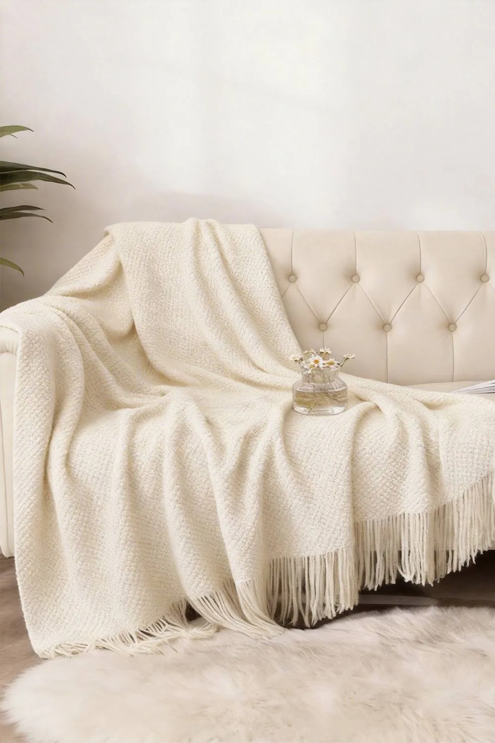 Living and Home Cozy Knitted Fringed Throw for Sofa & Bed Decor in Beige