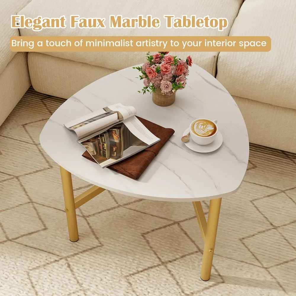 Costway Triangular Coffee Table with Faux Marble Tabletop for Living Room in White 2