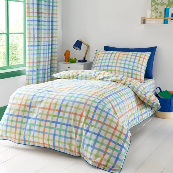 Blue Piped Multi Check 100% Cotton Quilt Cover & Pillowcase Set