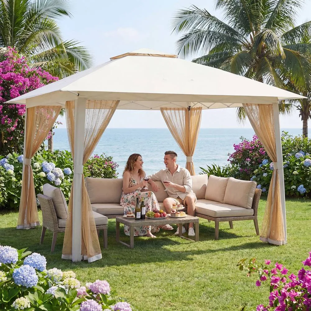 Costway Pop Up Gazebo Foldable Canopy Tent w/Mesh Netting & Double Roof in Beige