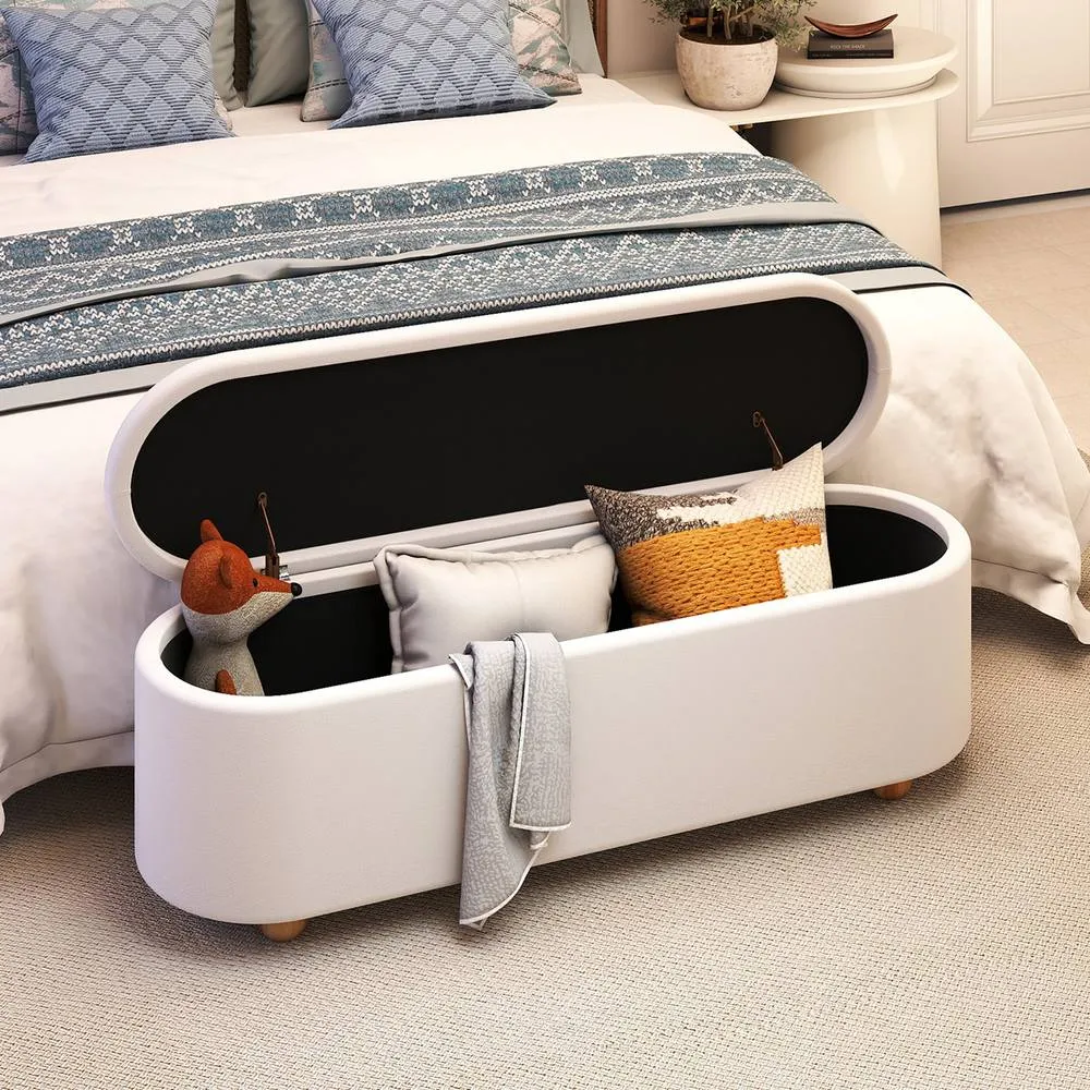 Costway Oval Storage Bench 139 CM Long Ottoman Bench with Flip Top in White 6