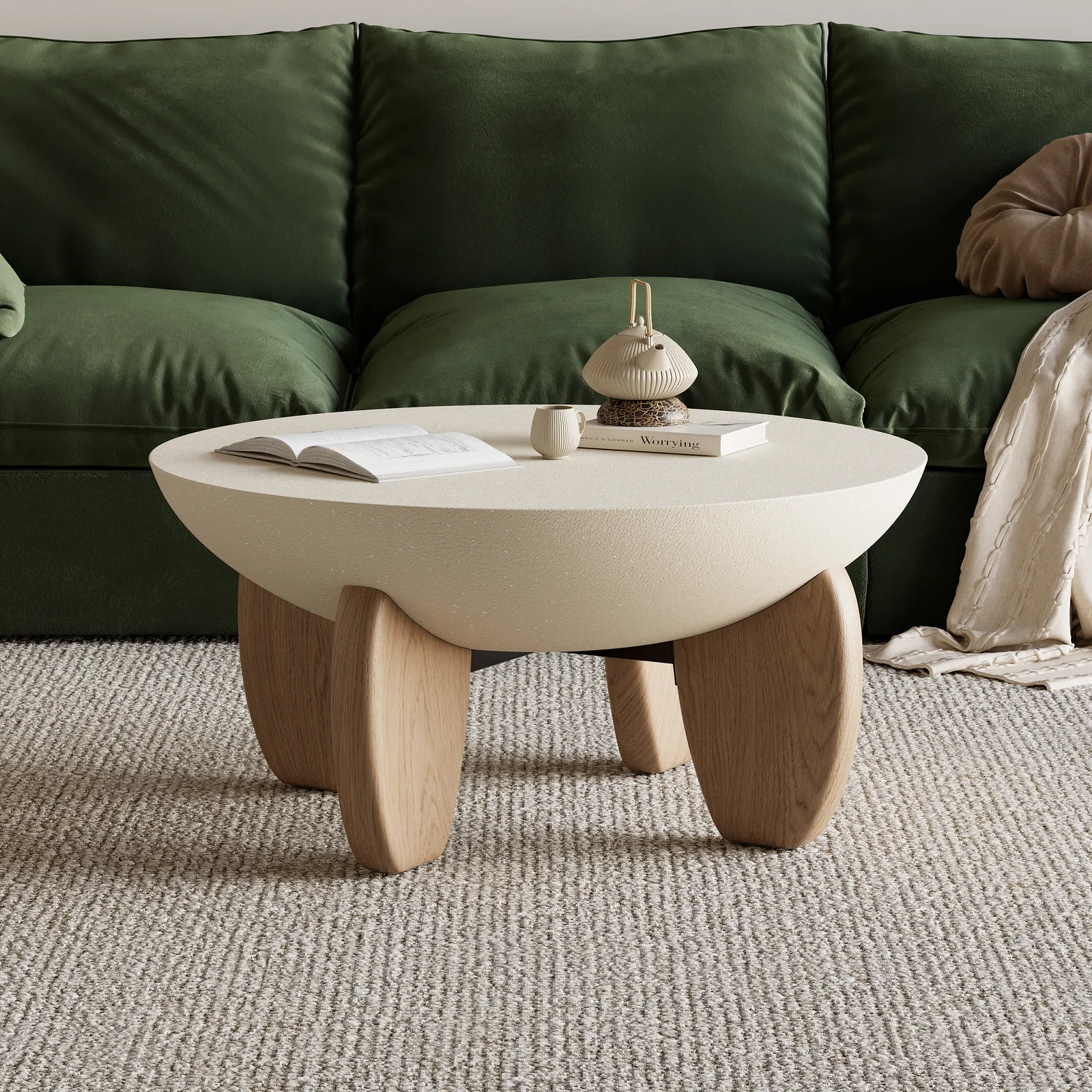 Curva Round Concrete Natural Coffee Table with Wood Legs