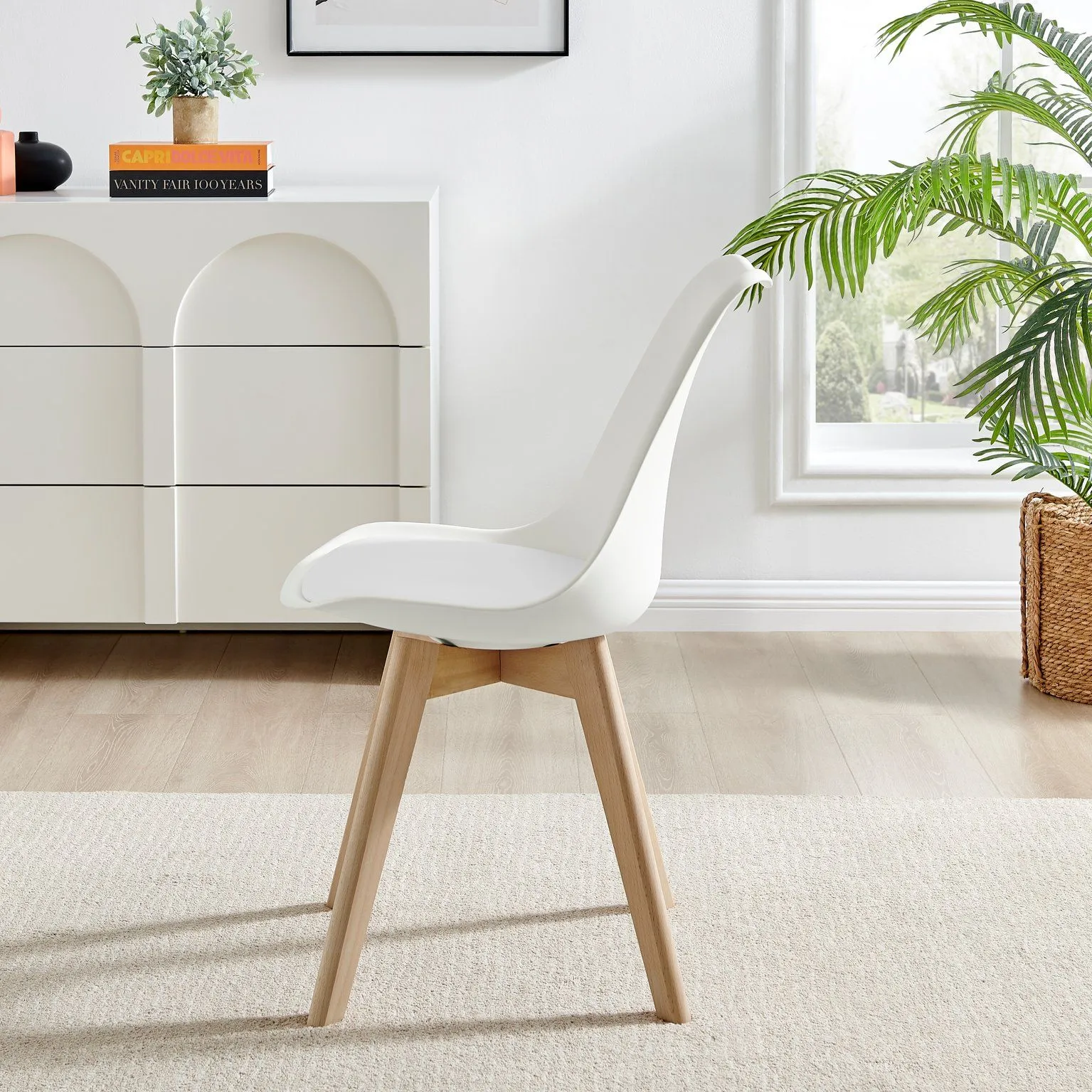 FurnitureboxUK Set of 2 Stockholm Natural Birch Wood Scandi Minimalist Dining Chairs with Faux Leather Cushion in White 3