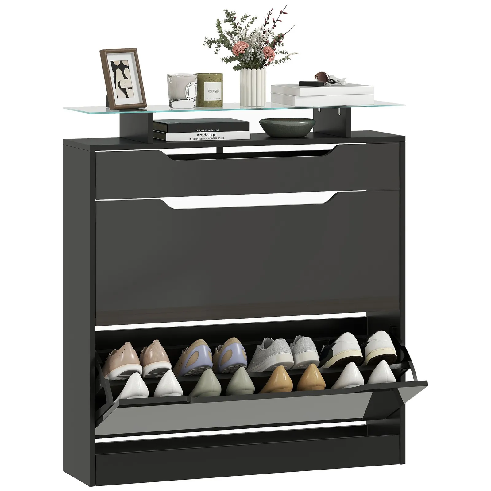 HOMCOM Shoe Cabinet with 3 Drawers, High Gloss Front Panels, Glass Top Black 2