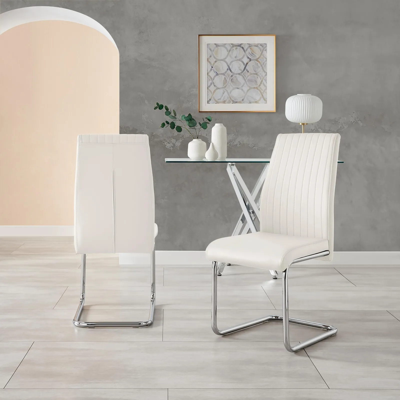 FurnitureboxUK 2x Lorenzo Faux Leather Chrome Dining Chairs in White 3