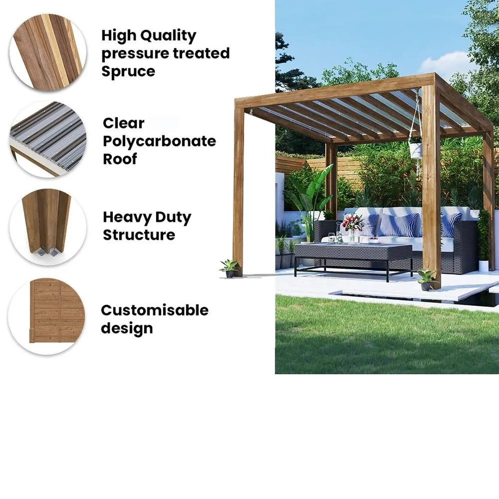 Dunster House Pergola with Roof 3m x 2.5m Pressure Treated Terracube in Brown 2