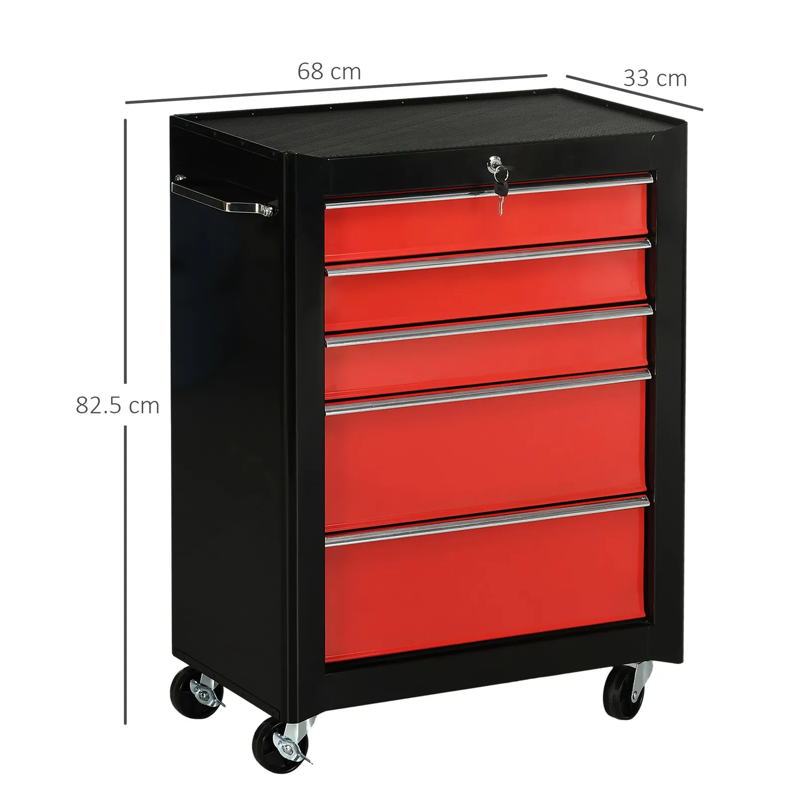 HOMCOM 5-Drawer Lockable Steel Tool Storage Cabinet Wheels Handle 2 Keys in Red 3