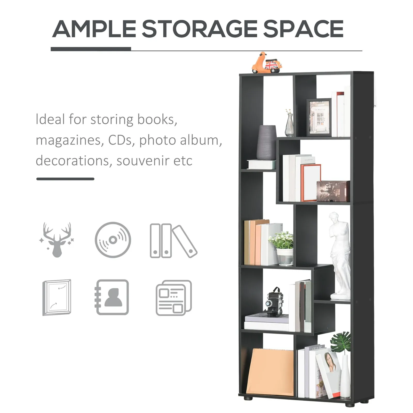 HOMCOM 7-Tier Bookshelf w/ Melamine Surface Foot Pads Anti-Tipping for Home in Black 4