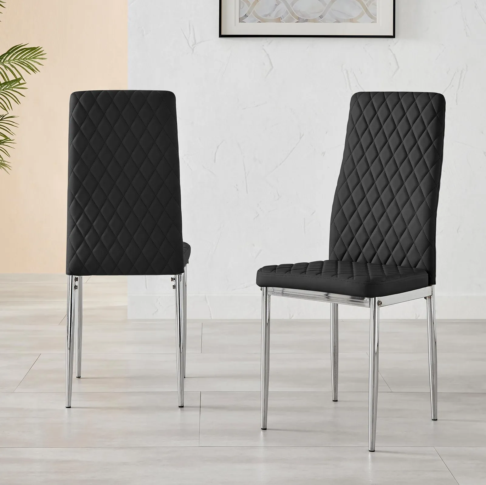 FurnitureboxUK Set of 4 Milan High Back Soft Touch Diamond Pattern Faux Leather Dining Chairs With Silver Chrome Metal Legs in Black 3