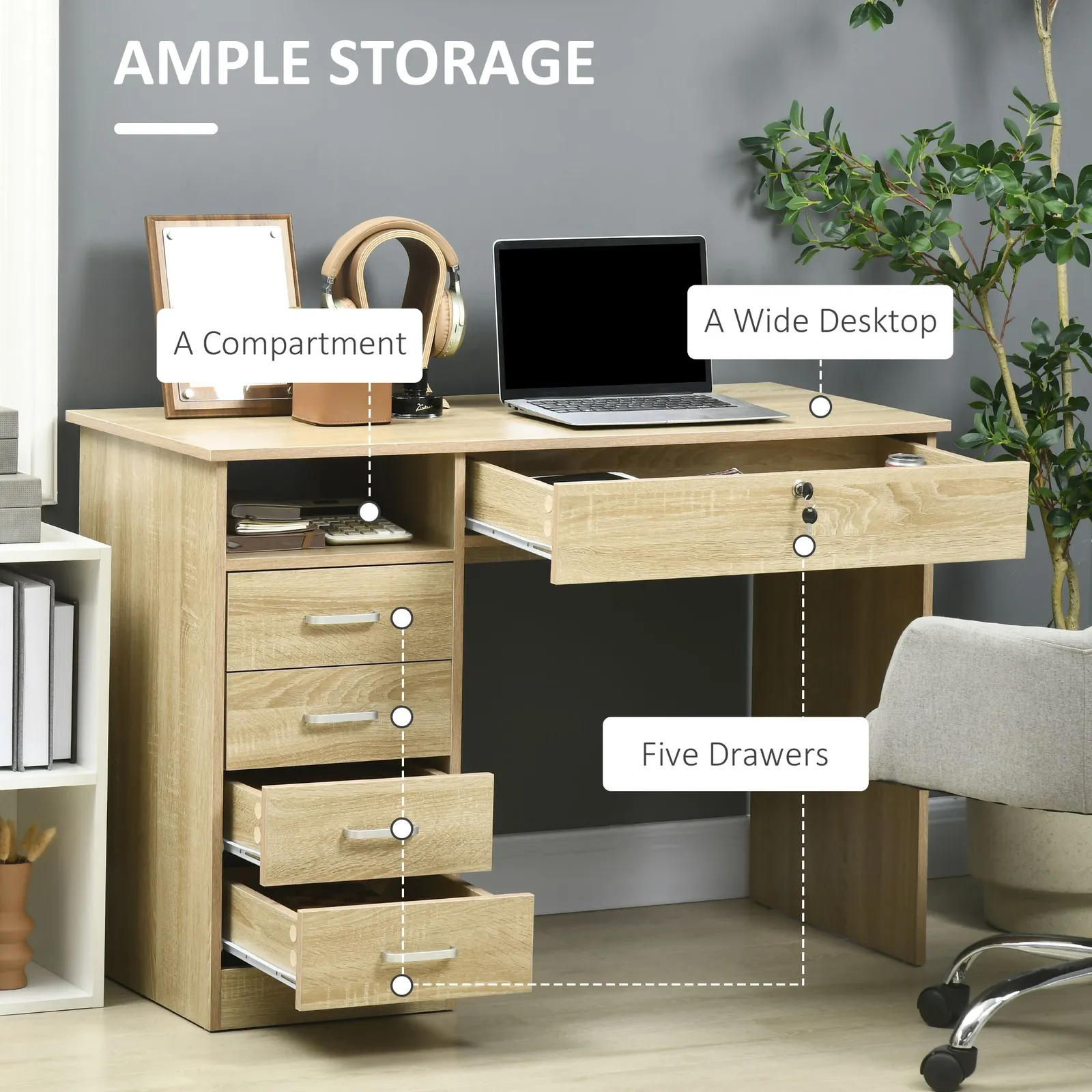 HOMCOM Computer Desk Writing Desk with Five Drawers for Home Office in Brown 6