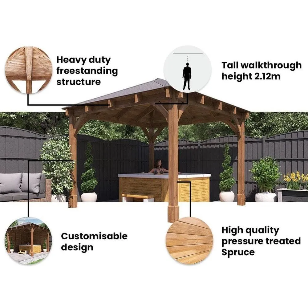 Dunster House Wooden Heavy Duty Gazebo 3x3m Pressure Treated Hot Tub, Roof Shingles, Leviathan in Brown 4