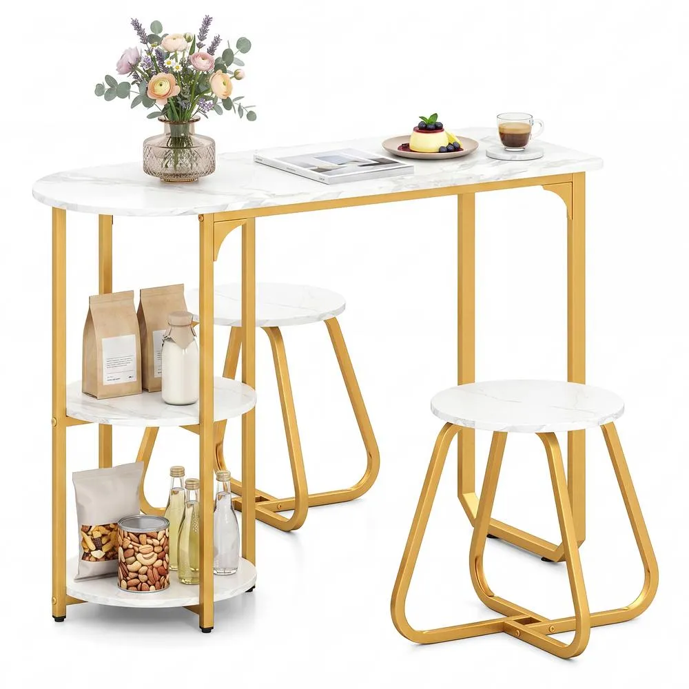 Costway Table & 2 Bar Stools Set Table with 2 Shelves Stools in White 6