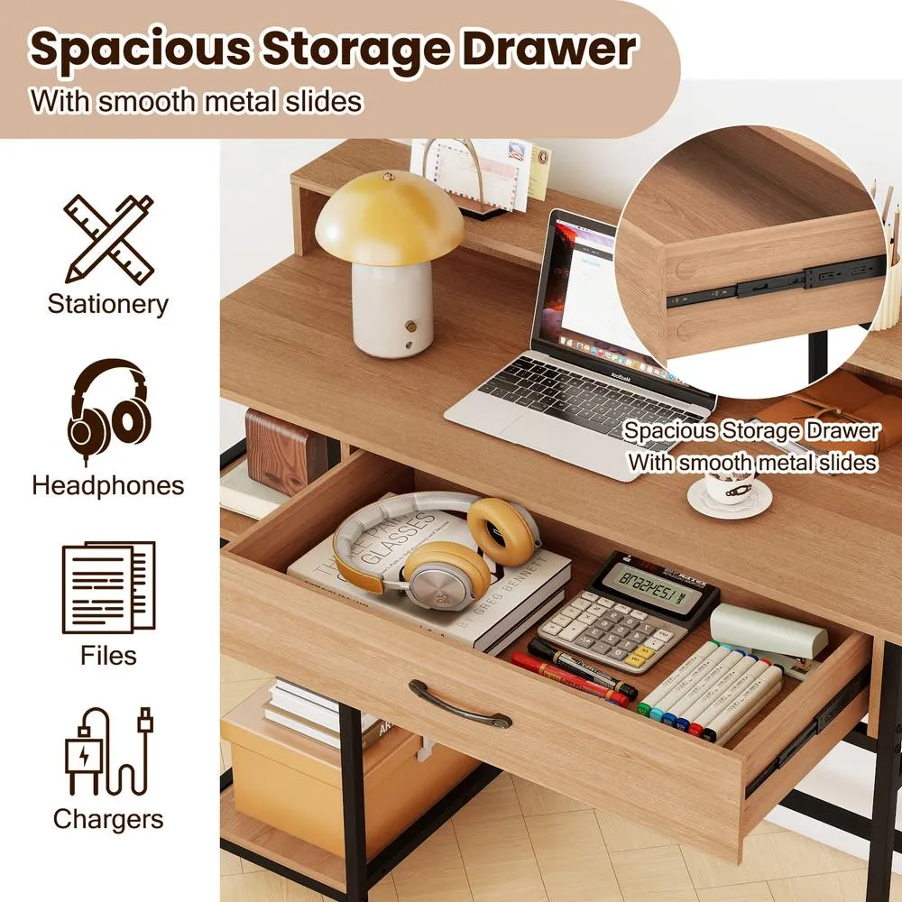 Costway Modern Computer Desk Office Writing Work Study Desk w/ Power Outlets in Natural 4