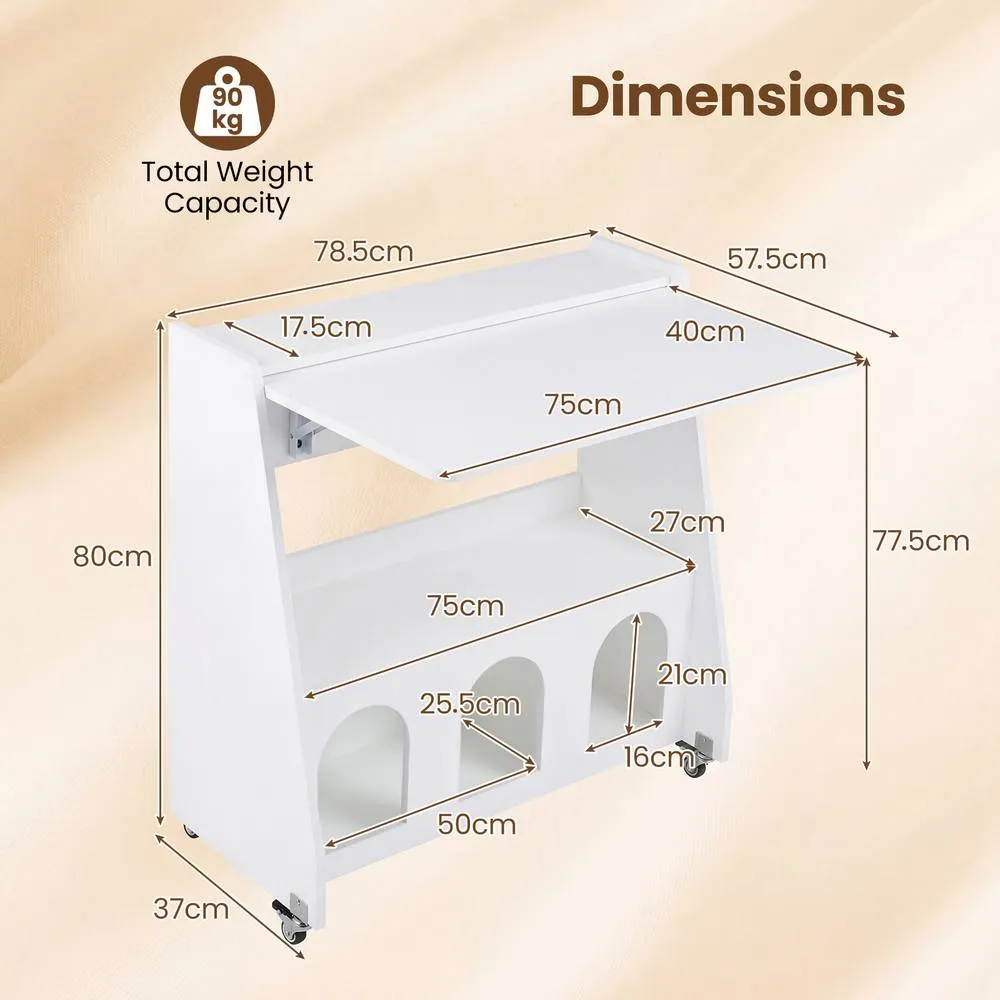 Costway Folding Desk on Wheels Drop Leaf Writing Desk w/ Storage Shelves in White 2