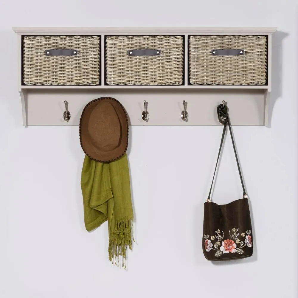 Statement Furniture Tetbury Large Coat Rack Hanging Shelf with 3 Brown Storage Baskets in Taupe 1