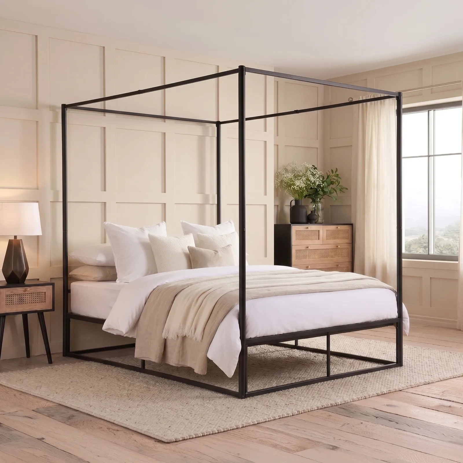 Farringdon - Single - 4 Posted Canopy Bed - Black - Metal - 3ft - Happy Beds