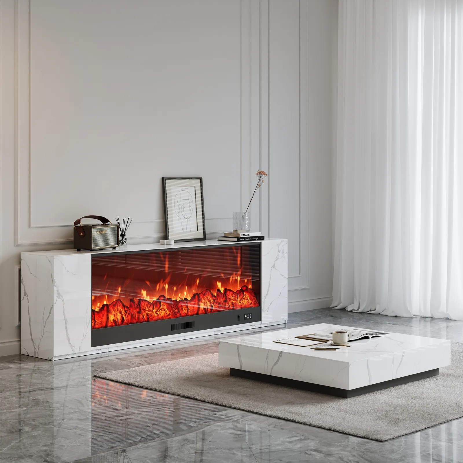 79" Sintered Stone Electric Fireplace TV Stand & Coffee Table Set