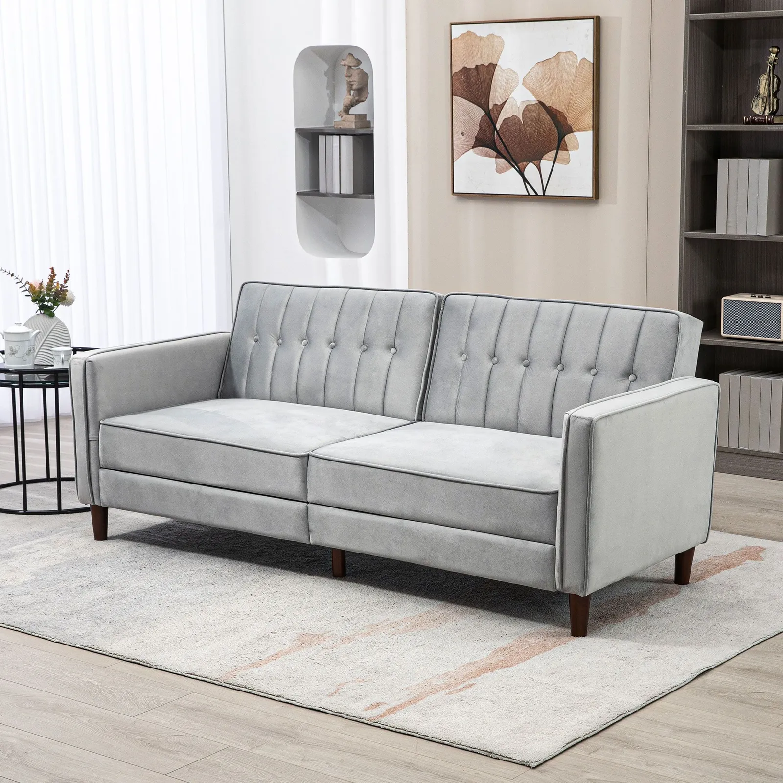 HOMCOM Convertible Sofa Futon Velvet-Touch Tufted Couch Sofa Bed Split Back in Light Grey