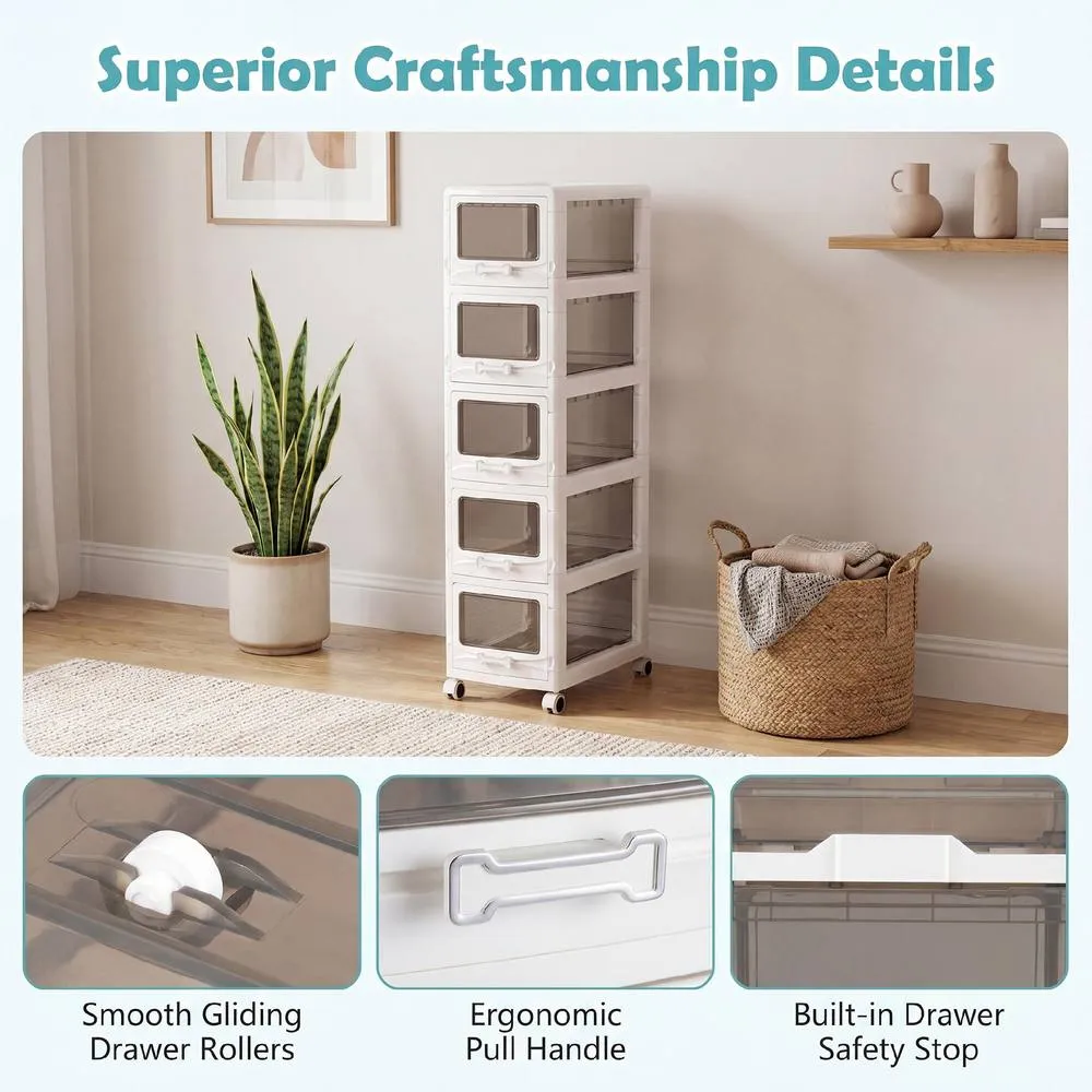 Costway 5-Tier Plastic Drawer Storage Organizer Rolling Cart Utility Cart in White 6