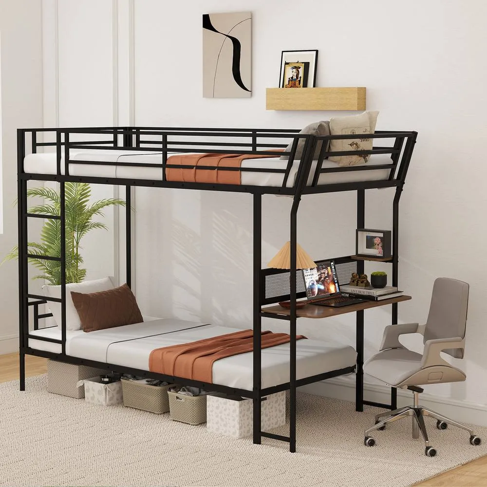 Costway Bunk Bed Single over Single Loft Bed with Wooden Tabletop & Shelf in Black 5