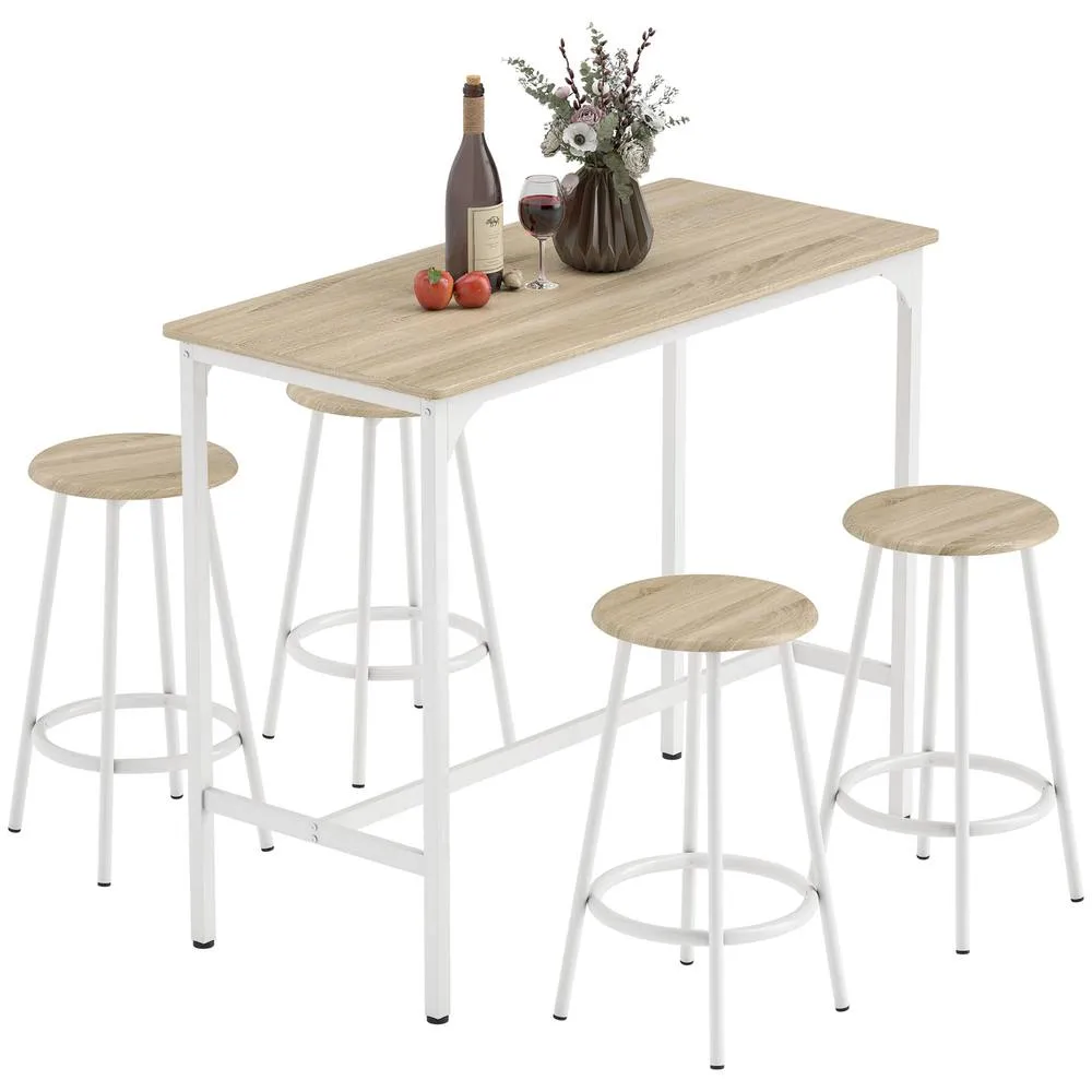 HOMCOM 5 Piece Bar Table & Stools Set with Metal Frame Natural Wood 2