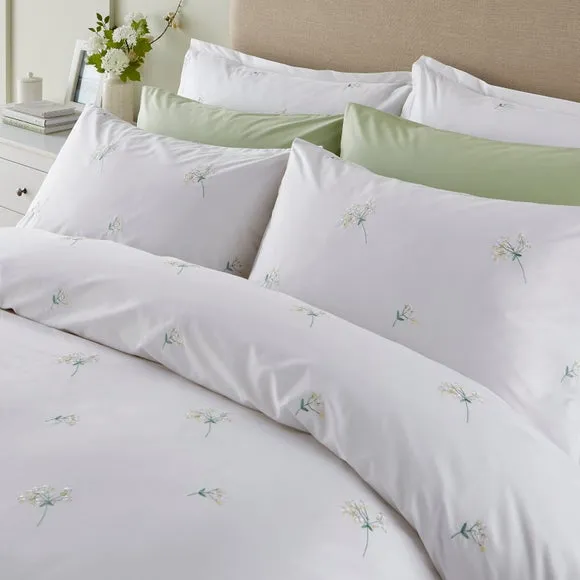 Emma Cow Parsley Embroidery 100% Cotton Sateen Duvet Cover & Pillowcase Set 4