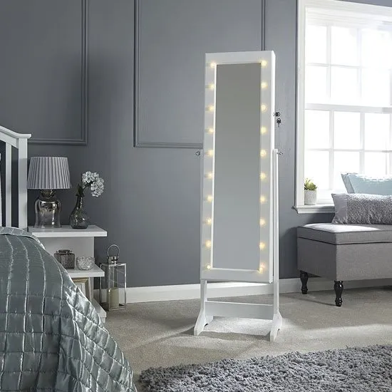 Amore LED Dressing Mirror In White With Jewellery Cabinet