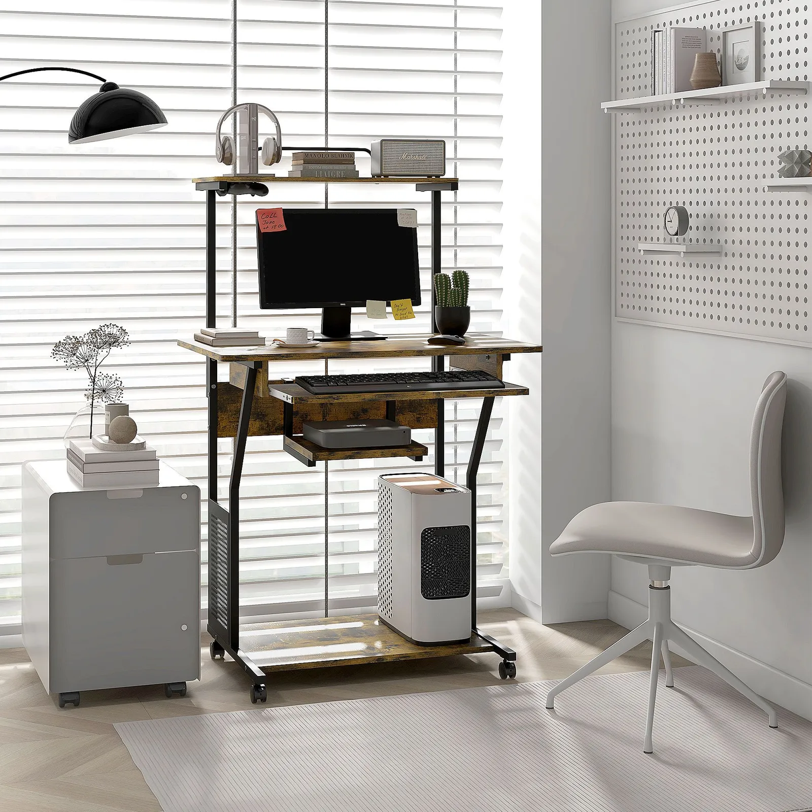 HOMCOM Mobile Computer Desk Industrial Study Table with Storage Shelves in Dark Brown