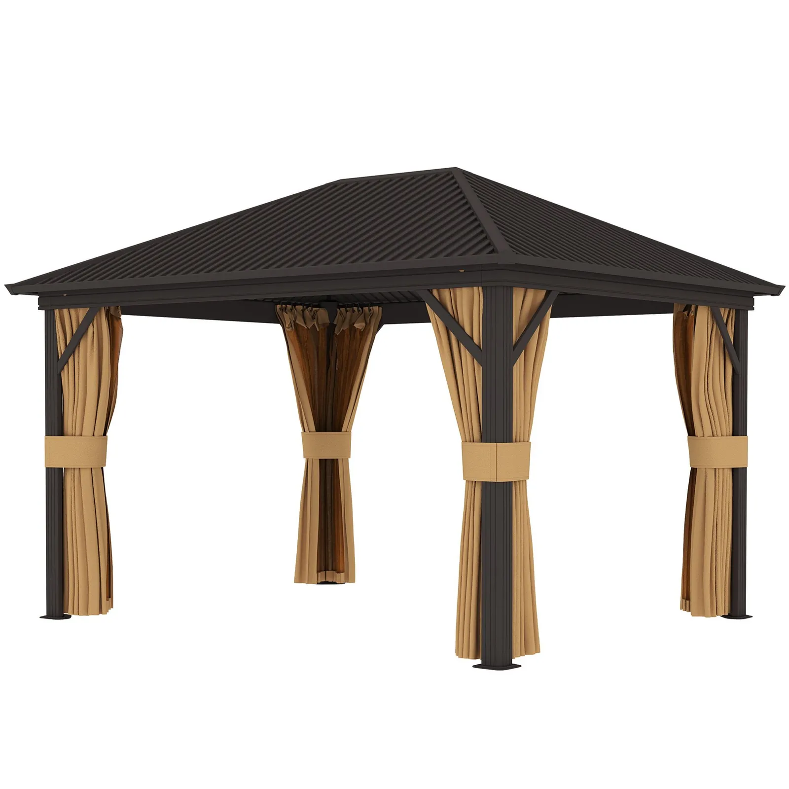 OUTSUNNY 3.6 x 3(m) Metal Garden Hardtop Gazebo with Screened Curtain Brown 2