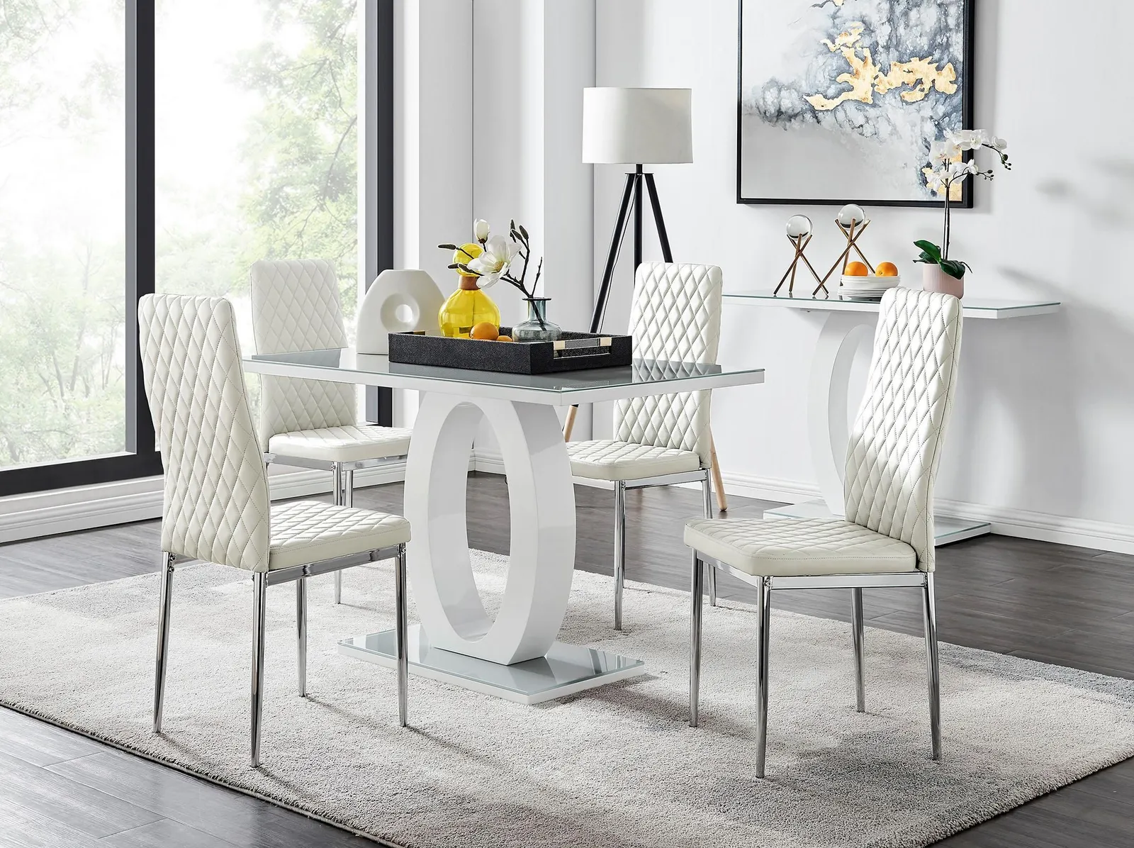 FurnitureboxUK Giovani Grey White Modern High Gloss & Glass Dining Table & 4 Milan Chairs Set in Off-White 1