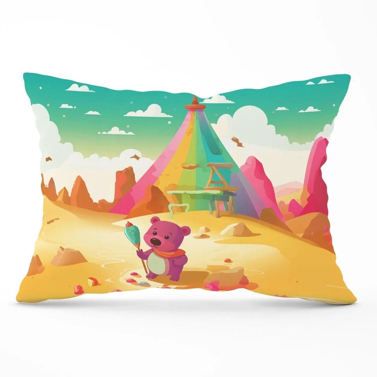 Warren Reed - Designer Purple Bear On A Beach Holiday Cushions in Yellow