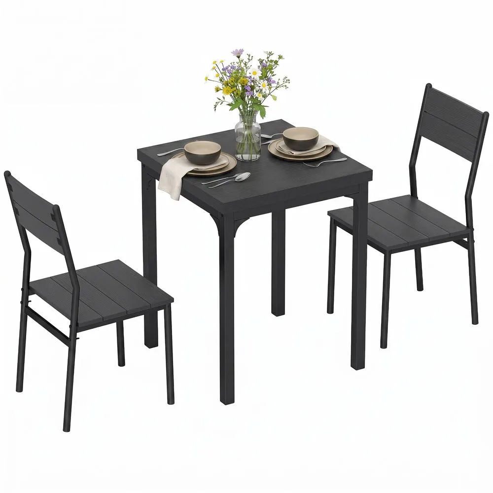 HOMCOM 3 Pcs Compact Dining Table 2 Chairs Set Black Wood Effect 2