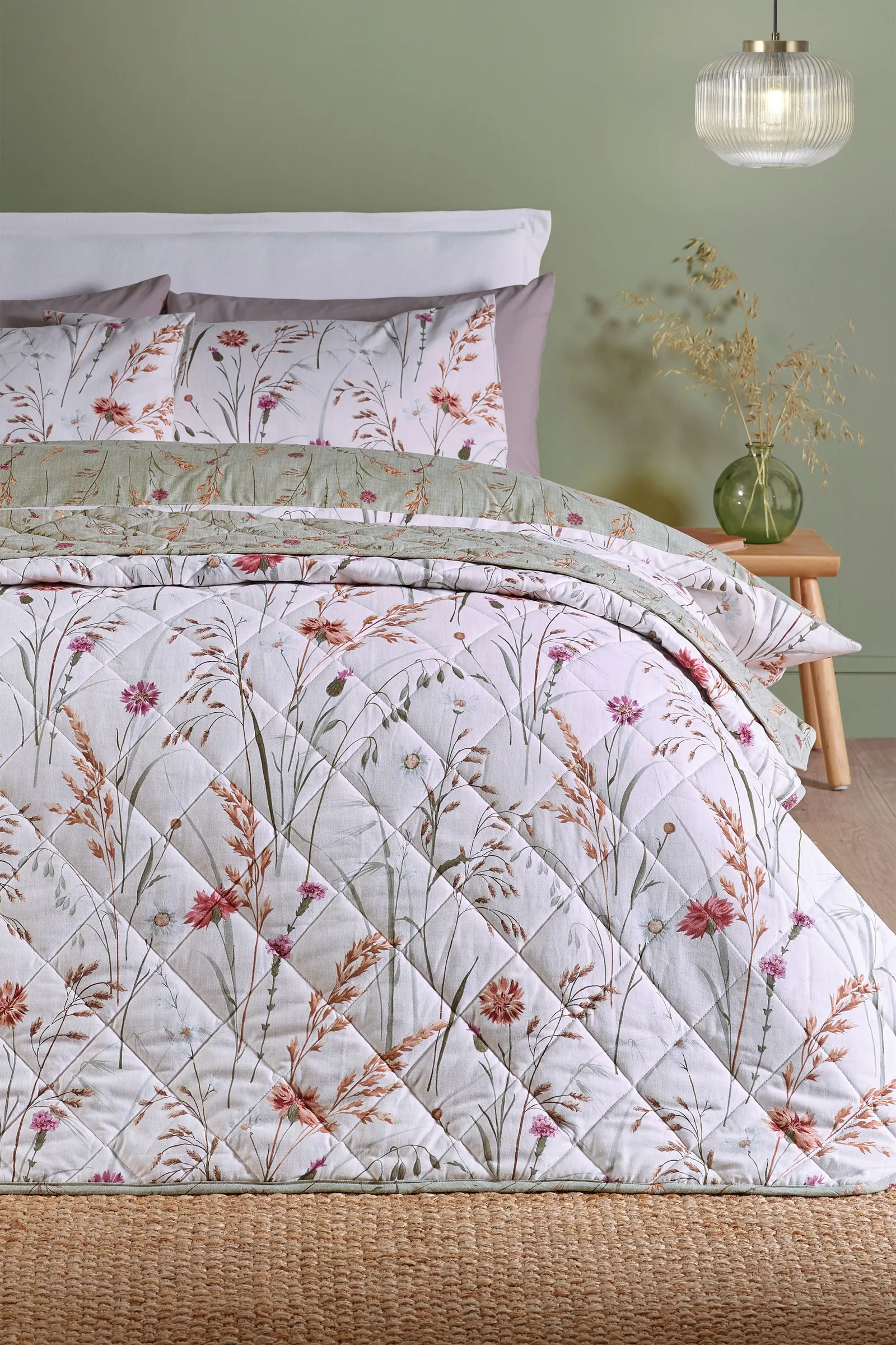 Catherine Lansfield 'Brushed Grasmere Floral' Cotton Reversible Quilted Bedspread in Green