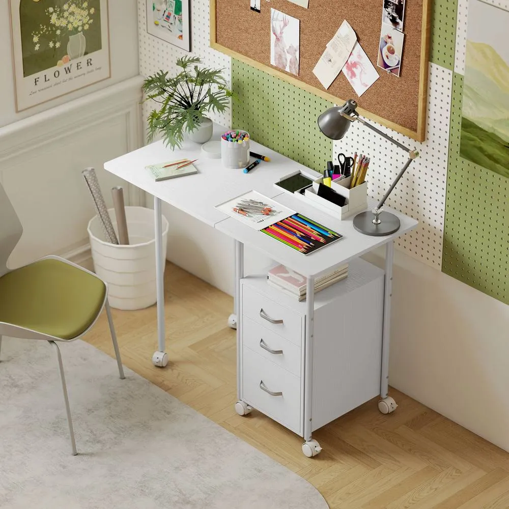 HOMCOM 105 x 51 cm Foldable Computer Desk with 3 Drawers, White 2