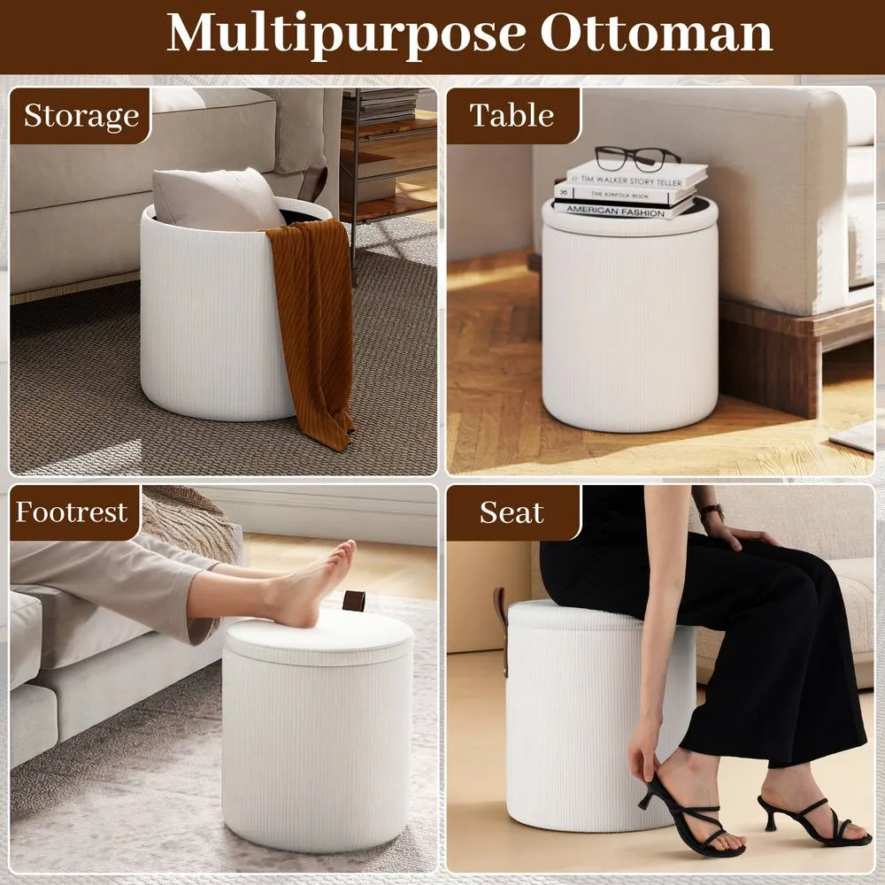 Costway 2PCS Modern Round Ottoman Upholstered Vanity Stools w/ Removable Lids in Beige 5