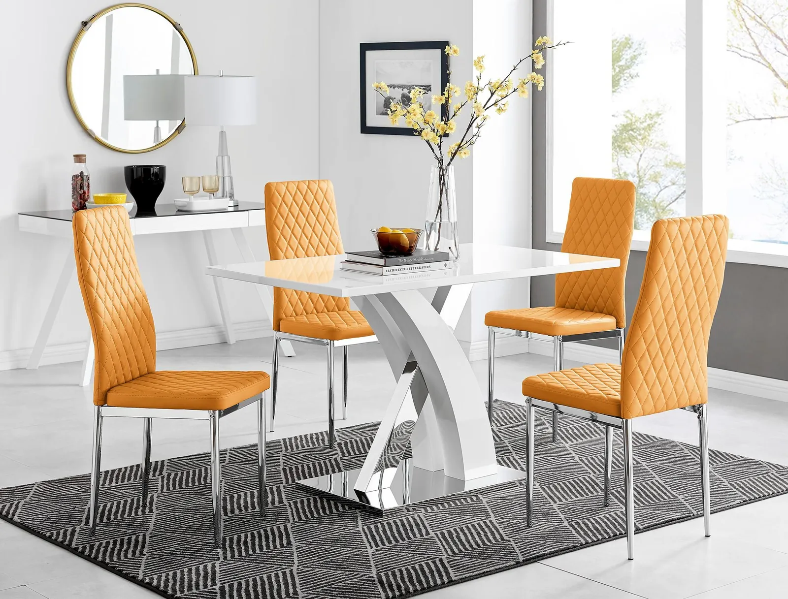 FurnitureboxUK Atlanta White High Gloss & Chrome 4 Seater Dining Table with X Shaped Legs & 4 Faux Leather Milan Chairs in Mustard 1