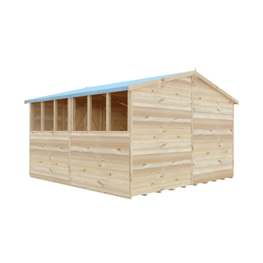 Shires Overlap 10 x 15 Feet Dip Treated Apex Shed Double Door with Windows in Brown 4