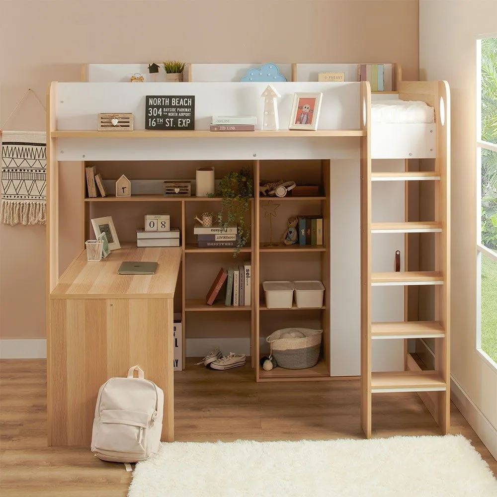Flair Ava High Sleeper Bed with Desk, Wardrobe & Storage in Light Oak 2
